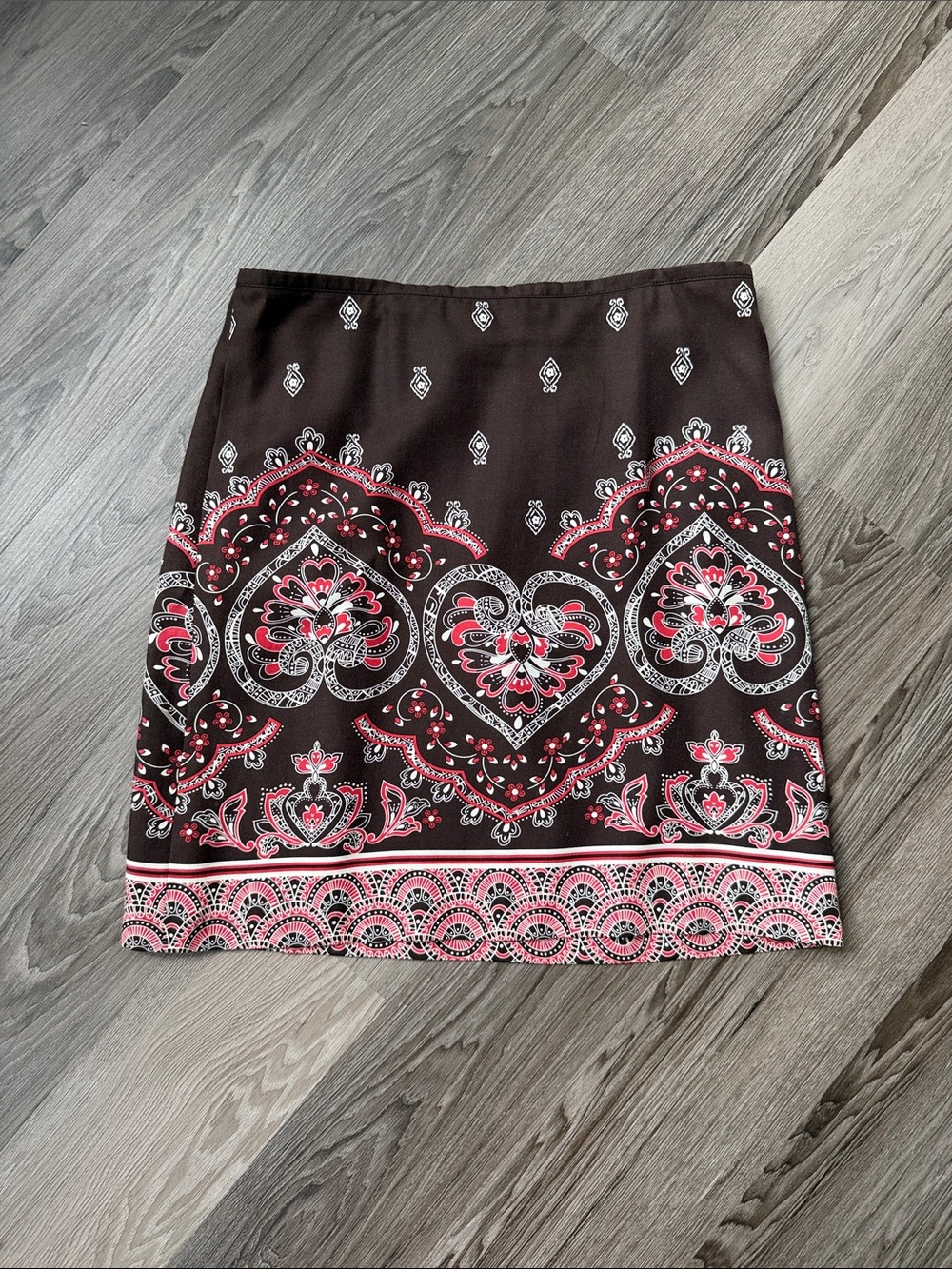 Ann Taylor LOFT Brown A-Line Skirt with Red and White Paisley Design